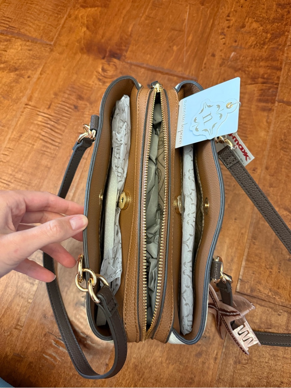 Cream and Brown Pebbled Faux Leather Shoulder Bag - Picture 2 of 12